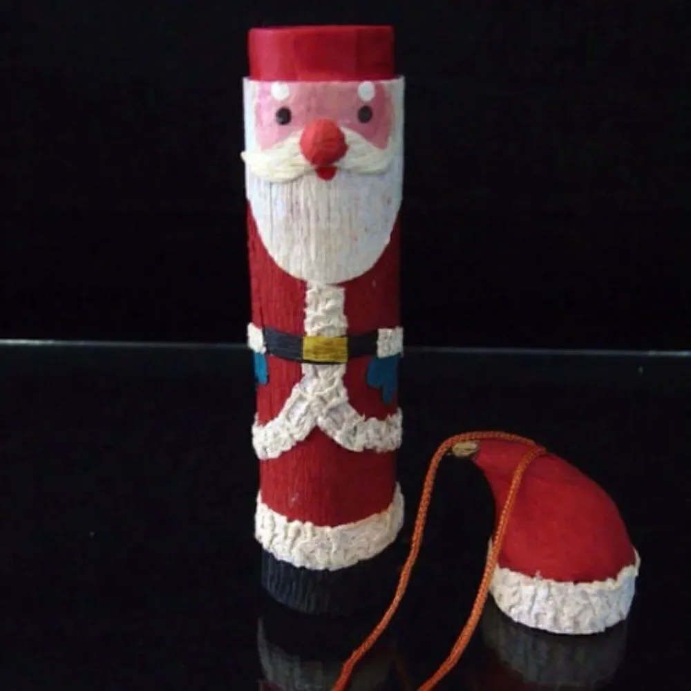 Vintage Christmas Santa Ornament Paper Mache Santa Pencil Shaped Tree Bark